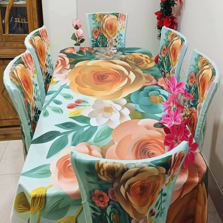 3D ডাইনিং টেবিল ও চেয়ার কাভার ফুল সেট কোড: NTM: 12